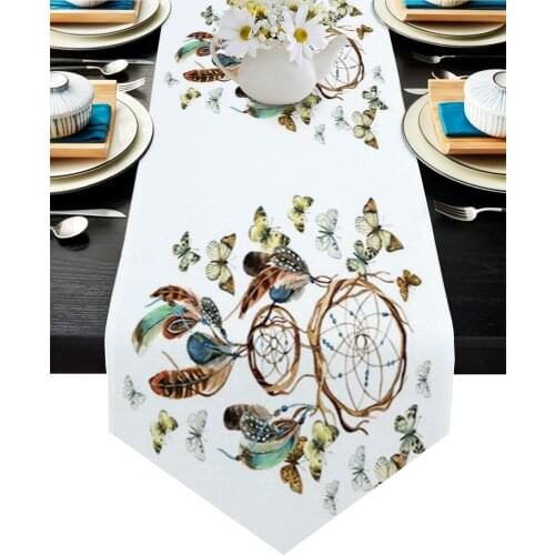 Dream Catcher Feather Butterfly White Table Runner Luxury Dining Table Decor Tablecloth Table Runner for Wedding Party