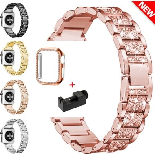 Band + Case Metal Strap For Apple Watch Series 6 5 SE Strap 40mm 44mm Diamond Ring 38mm 42mm Stainless Steel Bracelet iwatch 4/3