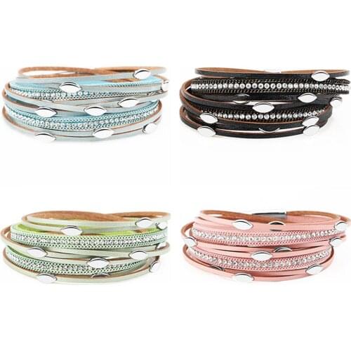 Fashion Ladies Leather Inlaid Rhinestone Multilayer Tassel Bracelet Women Leaf Charm Multi Layer Bracelet Bangle Jewelry Gift