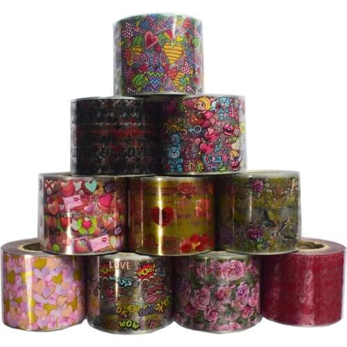 10Roll Nail Foil Romantic Valentines Pink Transfer Decals Sweet Flowers Cartoon Adhesive Slider 50m*4cm Nail Art Stickers Polish