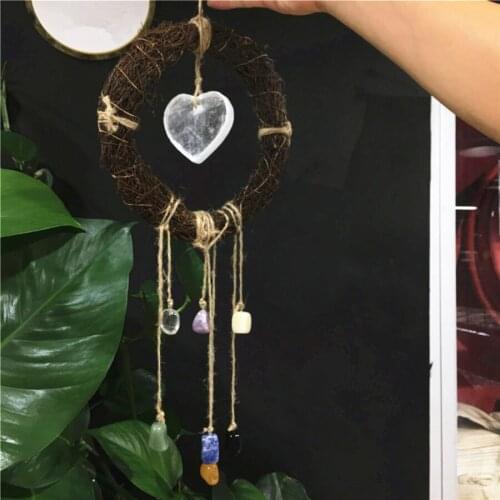 Natural Quartz Crystal Heart Selennite and Irregular Seven Chakra Amethyst Stone Gift Healing Christmas Rattan Big Wind Chime
