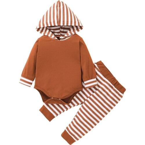 New 2Pcs Autumn Baby Girls Boys Outfit, Infant Simple Style Double Color Stripes Long Sleeve Hooded Romper + Long Pants Set