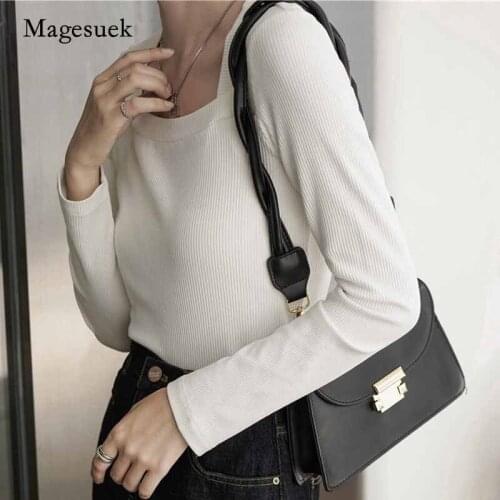 2020 Autumn Women French Retro Slim-Fit Square Collar Long Sleeve Knitted Jumper Blouse Solid Pullover Sexy Shirts Blusas 11199