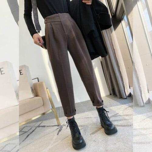 Autumn Winter Solid Color Womens Formal Harem Pants Button 2021 New High Waist Office Lady Ankle-Length Pants Pocket Y492