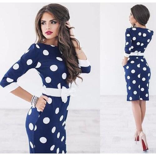 Vintage Dot Dress Women OL Slim Bodycon Formal Dress Party Clubwear Half Sleeve O Neck Knee-Length Dress Vestidos Bow