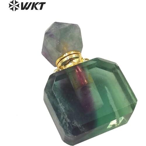 WT-P1511 WKT Natural Stone Pendant Perfume Bottle Pendant Square Fluorite Perfume Bottle Pendant Jewelry Gift For Lady