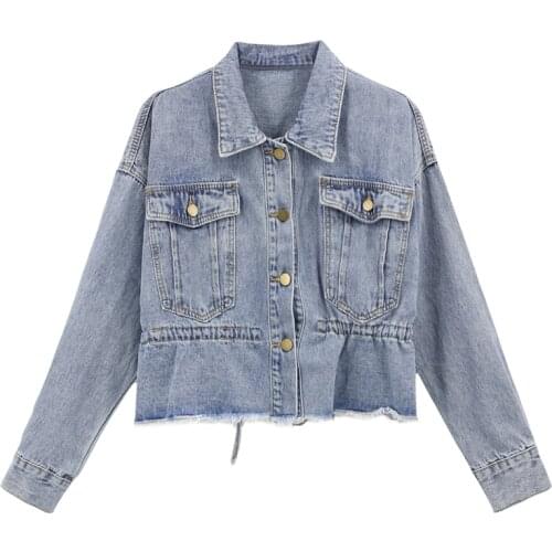 PERHAPS U Women Blue Denim Jacket Pocket Drawstring Button Long Sleeves Turn Down Collar Loose Jean Korean Version C0207