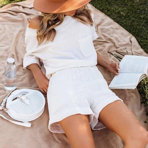 Summer Casual Cotton Linen Pocket Sets Short Sleeve T Shirt And Elastic Shorts Two Piece Set Women Beach Solid Outfits Tracksuit