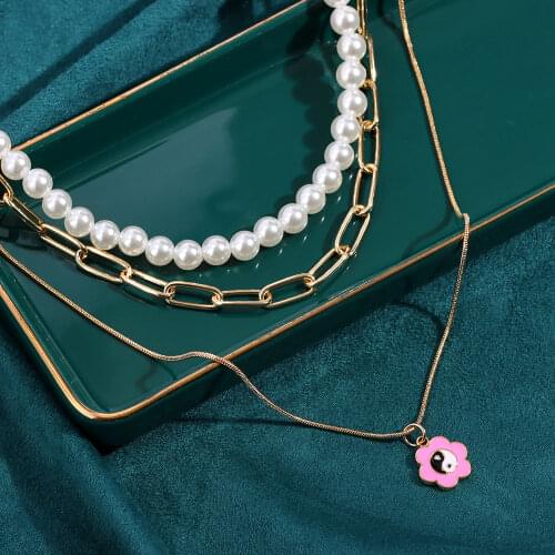 Flatfoosie 2021 Multi-layer Pearl Choker Necklace for Women Statement Jewelry Pink and Black Enamel Yin Yang Pendant Necklace