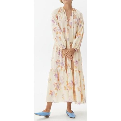 Women Lace-up V-Neck Maxi Dress Lantern Sleeve Ladies Holiday Sweet Ruffles Long Dresses 2021 New