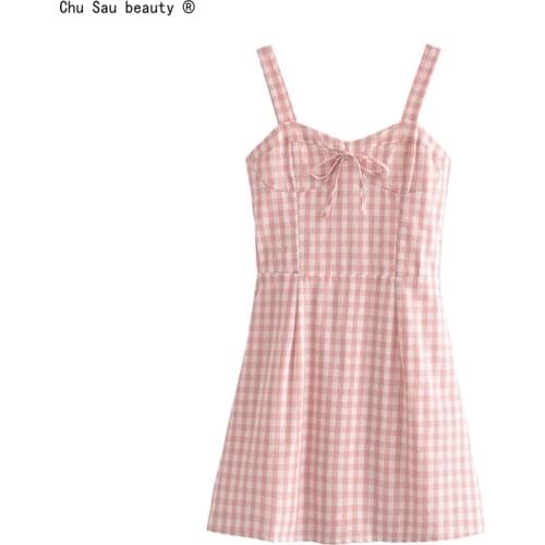 Summer 2021 Vintage Sweet New Plaid Elastic Waist Slim-Fit Suspender A-Line Dress Women Zipper Vestido Fashion Chic Female