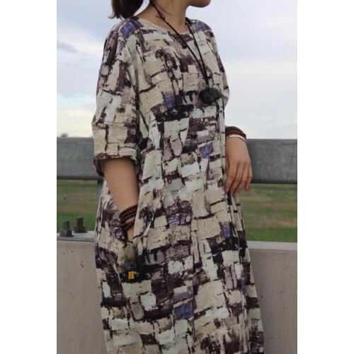 2015 Abstract print plus size womens fluid vintage national trend loose one-piece dress robe -Rui