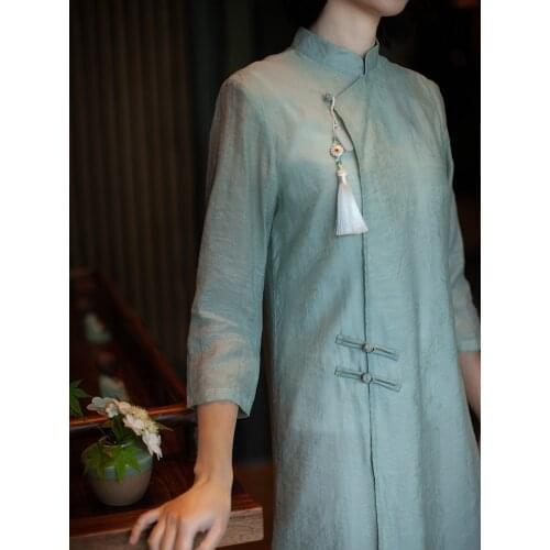 2021 chinese modern cheongsam oriental dress women mandarin collar vintage style pure colour fairy improved qipao tea art dress