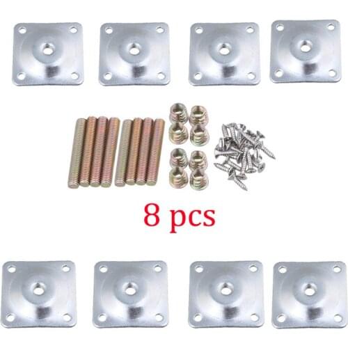 8Pcs Iron 48x48mm Silver Color Sofa Table Chair Feet Attachment Plates Furniture Leg Mounting Plates with Hanger Bolts Adapters