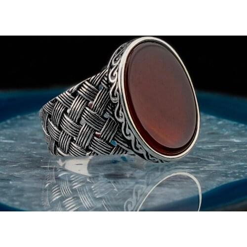 925 Sterling Silver Men Ring with Oval Red Agate Stone Knit Pattern Vintage Gift Jewelry Fasion Agate Zircon Men Rings
