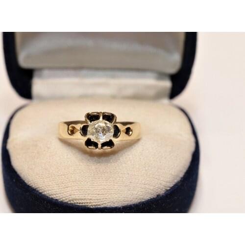ANTIQUE VICTORIAN 14K GOLD NATURAL ROSE CUT DIAMOND DECORATED SOLITAIRE RING