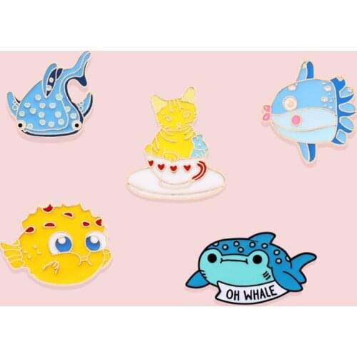 Cartoon Animal Lapel pins Brooches Badges Shark Dolphin Seahorse Narwhal Octopus Puffer fish Hard enamel pin women Jewelry