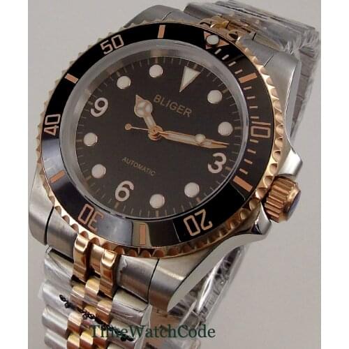 40mm Golden plated SUB mens watch genuine NH35A Miyota8215 movement black dial jubilee bracelet date sapphire glass green lume