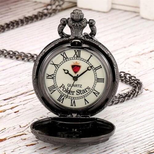 Black/Silver Royal Flush Poker Stars Quartz Pocket Watch Necklace Pendant Antique Clock Roman Numeral Display Retro Watches