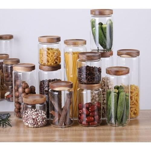 Wood Lid Glass Airtight Canister Kitchen Storage Bottles Jar Sealed Food Container Tea Coffee Beans Grains Candy Jars Containers