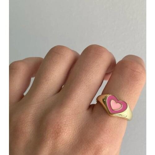 Ins Creative Simple Colorful Double Layer Love Heart Ring Vintage Heart Rings For Women Girls Fashion Metal Rings Jewelry Gifts