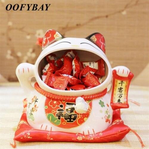 Ceramic Cute Lucky Cat Figurine Maneki Neko Money Box Piggy Bank Office Feng Shui Ornaments Snacks Candy Jar Home Decoration