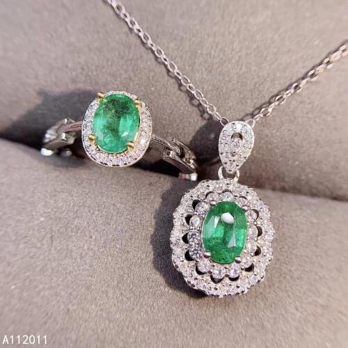 KJJEAXCMY Fine Jewelry 925 sterling silver inlaid natural Emerald female ring pendant set vintage Support detection