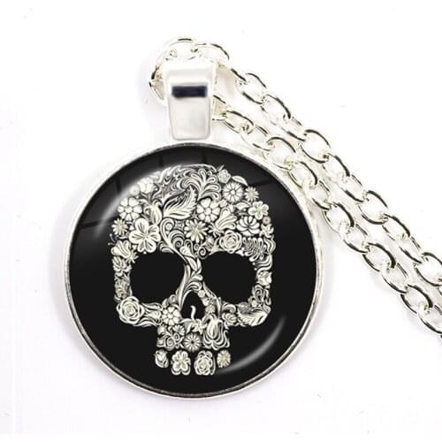 Mexican Sugar Skull Pendant Necklace Flower Glass Dome Cabochon Skeleton Charm Chain Necklace Jewelry
