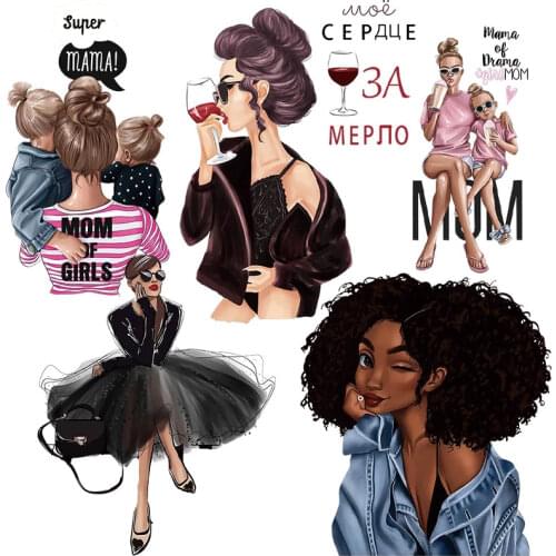 Fashion Girls Patches DIY T-shirt jacket Hot Mom Women Iron on Patch Heat Transfer Sticker for Clothes Washable Applique Badges