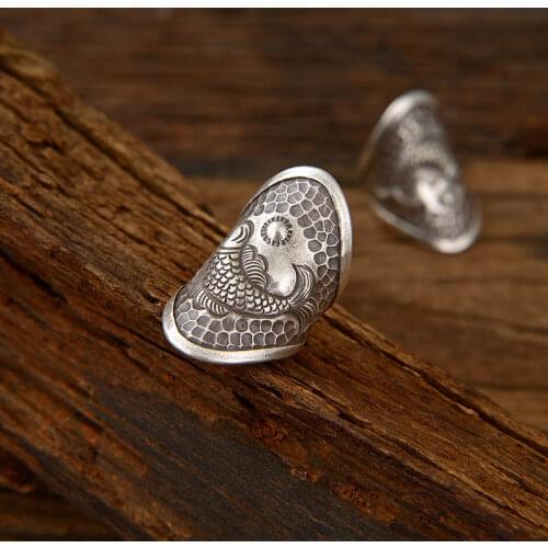 Original designer craft retro big Koi open ring Chinese retro pattern exaggerated charm womens brand silver jewelry