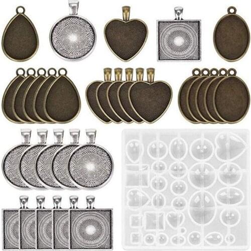 30 Pieces 5 Styles Pendant Trays Round & Square Heart & Teardrop & Oval,And 1 Pcs Jewelry Casting Molds For Pendant Crafting