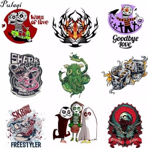 Pulaqi Biker Punk Skull Decor Pvc Patches Recommend T-shirt Clothes Patch Print By Heat Transfer Vinyl Witchcraft Appliques H