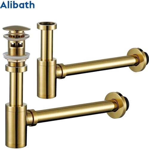 Luxury Bottle Trap Brass Round Siphon Gold P-TRAP Bathroom Vanity Basin Pipe Waste With Pop Up Drain With Overflow