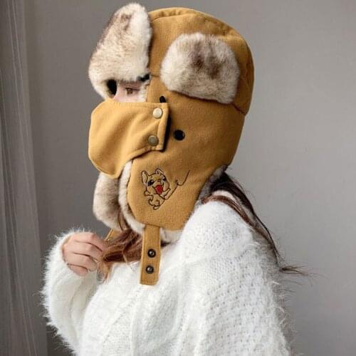 Wool Faux Fox Fur Russia Ushanka Bomber Hat Mask Cartoon Embroidery Thick Earflap Hats Winter Women Men Snow Ski Cap New