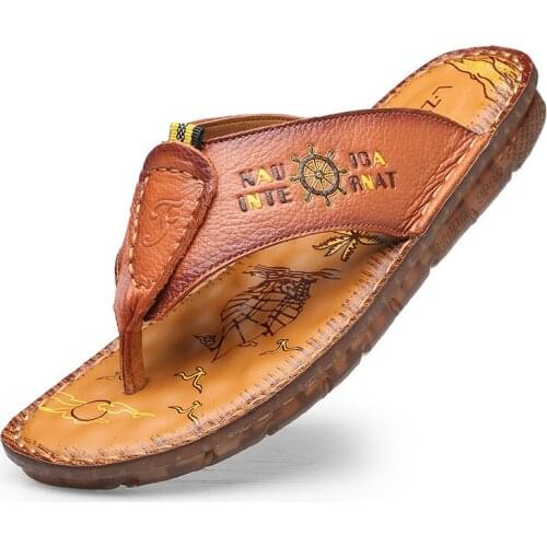 Summer Men Flip Flops Genuine Leather Skid-proof Shoes Soft Slippers Comfortable Mens Shoes Cowhide flip flops Male Sandals