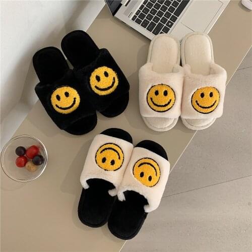 Autumn Winter Women Open Toes Cute Cartoon Slippers Fluffy Fur Smile Deco Slipper Short Plush Flats Couple Shoes Indoor Shoes