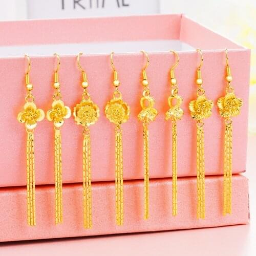 New Fashion Real 24K Gold Leaf Moon Star Earrings for Women Gold Color Flower Heart Circle Wedding Earrings Tassel Long Earrings