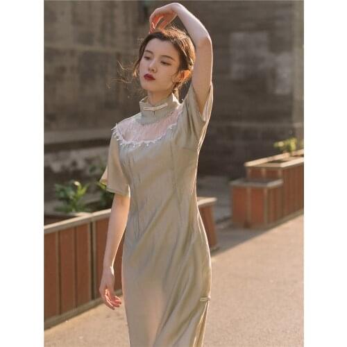 2019 new fashion womens dresses Retro Chinese style improved new cheongsam young lace stitching dress summer