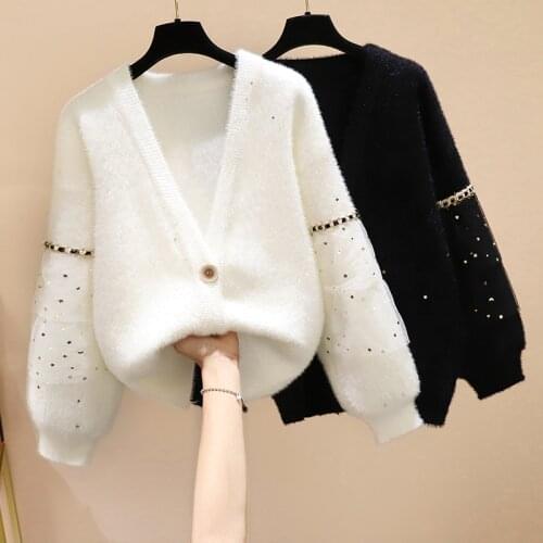 Women Sweaters Winter Sequin Knitted Cardigans Loose Yaen Patchwork Sweater Black Streetwear Korean Ropa Mujer