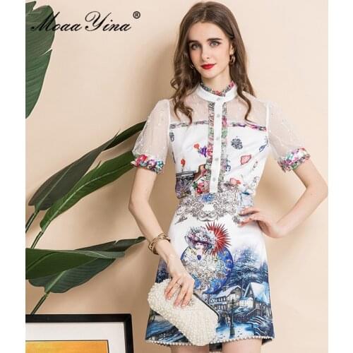 MoaaYina Fashion Runway Summer Two Piece Floral print Skirts Sets Womens Stand-up collar Short sleeve Shirts＋Short Skirts Suit