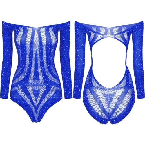Women Skinny Porno Catsuit Shiny Rhinestone See-through Mesh Bodysuit One-piece Off Shoulder Long Sleeve Femme Sissy Teddies
