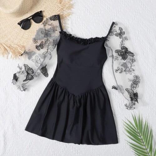 2021 Women Black One Piece Swimwear Lace Bathing Suit Long Sleeve Beachwear Summer Sexy Swimsuit Swim Beach Dress Swimming Suits