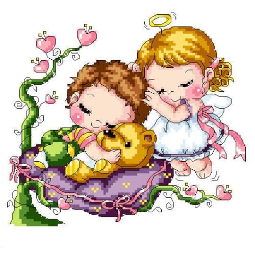 Gold Collection Lovely Counted Cross Stitch Kit Sleep with Bear Sleeping Boy and Girl Korean Cuties SO