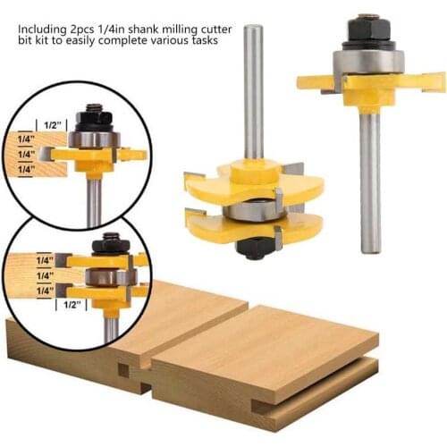 2Pcs T Shape Router Bit 3 Teeth 1/4 Shank Woodworking Tool for Wood MDF Particle Board