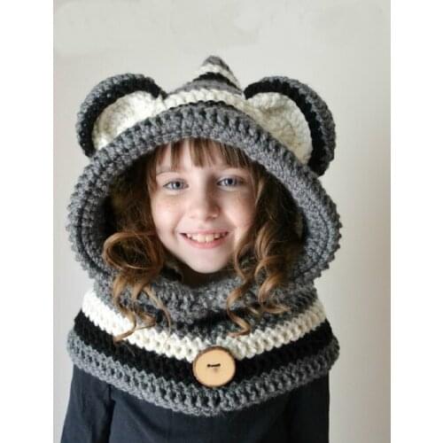 2016 Korean Winter Warm Neck Wrap bear Scarf Caps Cute Children Wool Knitted Hats Baby Girls Shawls Hooded Cowl Beanie Caps