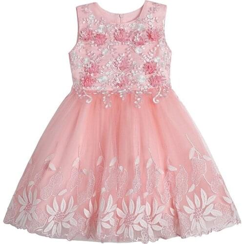 2021 New Arrival Baby Girls Champagne Sleeveless Embroidery Flowers Lace Dress Kids 3 Years Birthday Party Princess Mesh Dresses