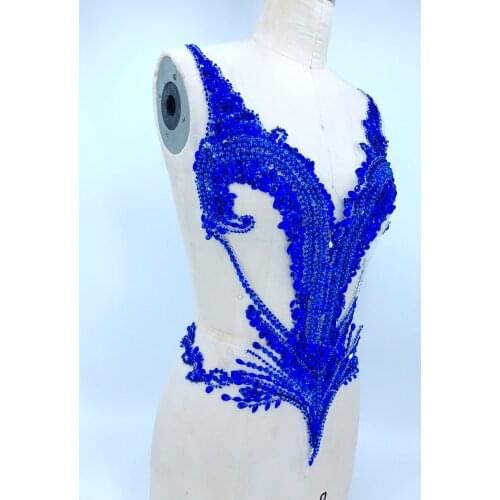 Hand made royalblue Sew on rhinestones applique on mesh trim crystals patches 56*44cm for dress accessory