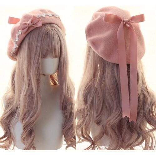 Japanese Lolita Wool Warm Beret Soft Girl Sweet Lovely Lace Bow Handmade Soft Elegant Hat 2021 Spring New Fashion Women Hat