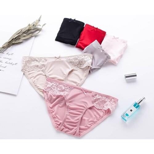 Birdsky, 3pcs Women briefs panties underwear, 100% natural mulberry silk, sexy lace, low waist, quick dry, 6 solid colors. OR-33