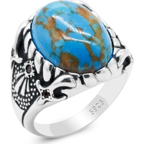 Guaranteed Silver 925 Mens Rings With Stone Natural Turquoise Retro Vintage Turkish Finger Rings Men Women Jewelry Party Wedding